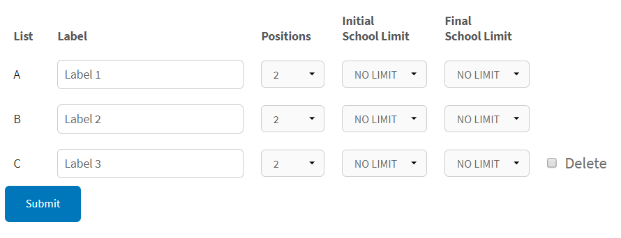 Multiple list page to set: labels, positions, school/university limits